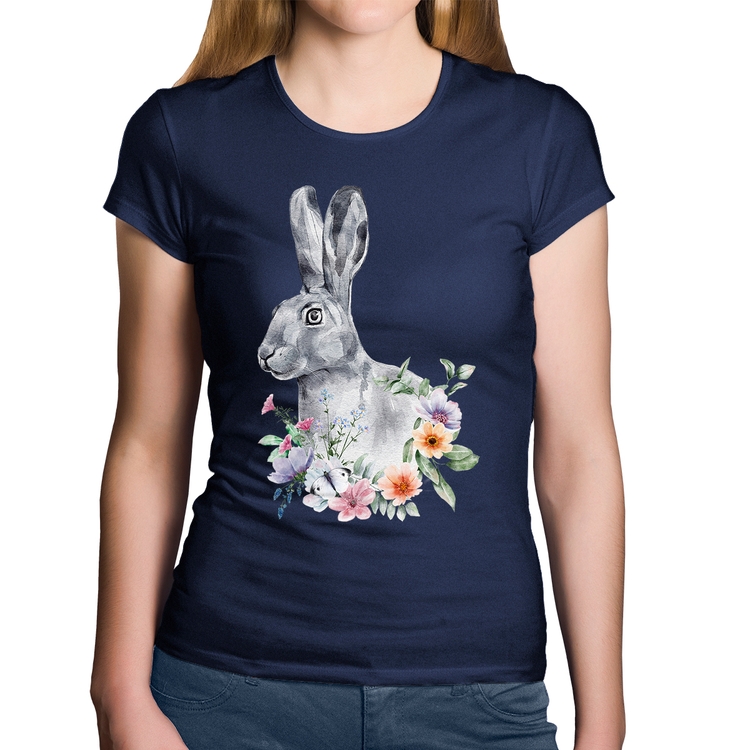 Baby Look Algodão Coelho Flores - Marinho