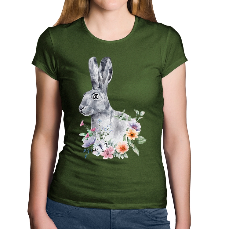 Baby Look Algodão Coelho Flores - Musgo