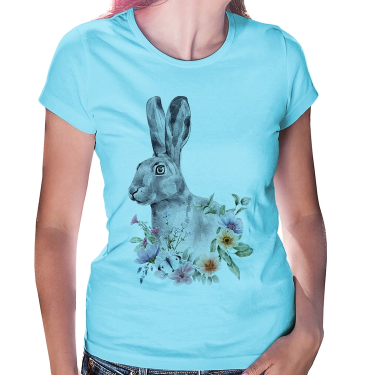 Baby Look Coelho Flores - Azul Bebê