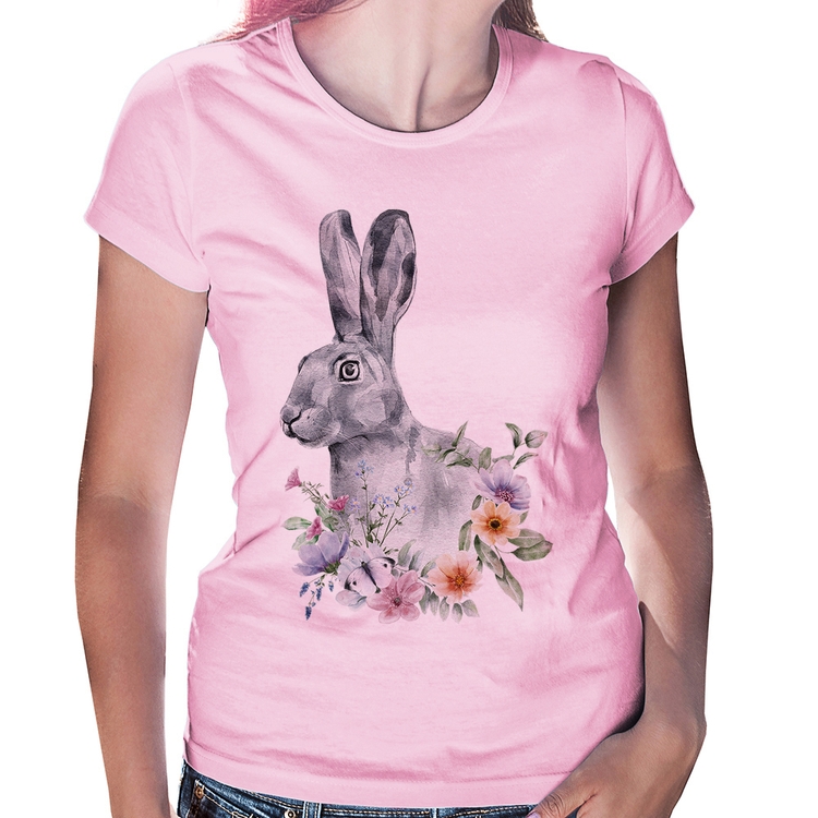 Baby Look Coelho Flores - Rosa Bebê