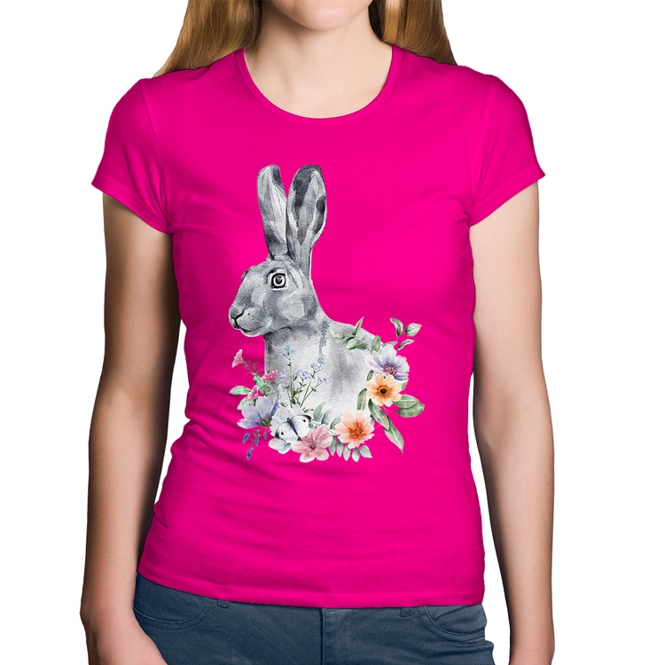 Baby Look Algodão Coelho Flores - Rosa