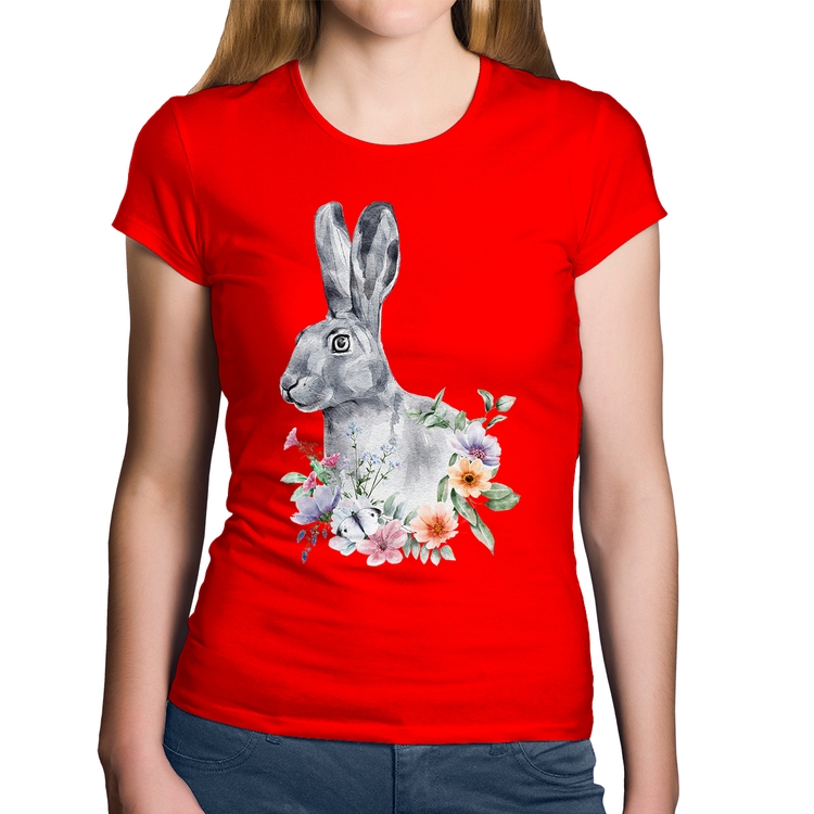 Baby Look Algodão Coelho Flores - Vermelha