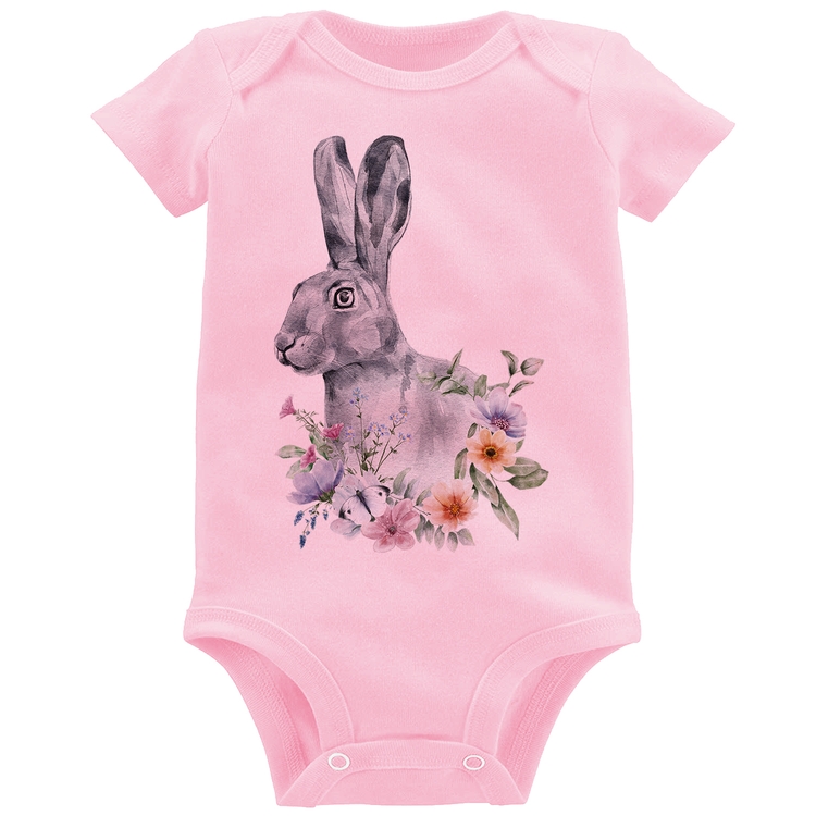 Body Bebê Coelho Flores - Rosa Bebê