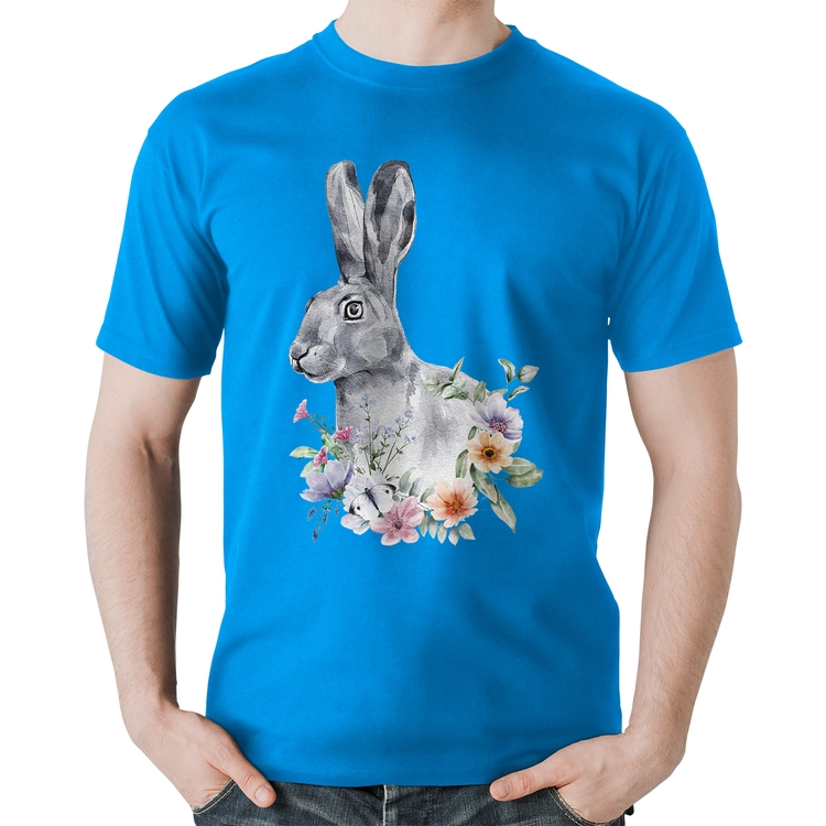 Camiseta Algodão Coelho Flores - Azul