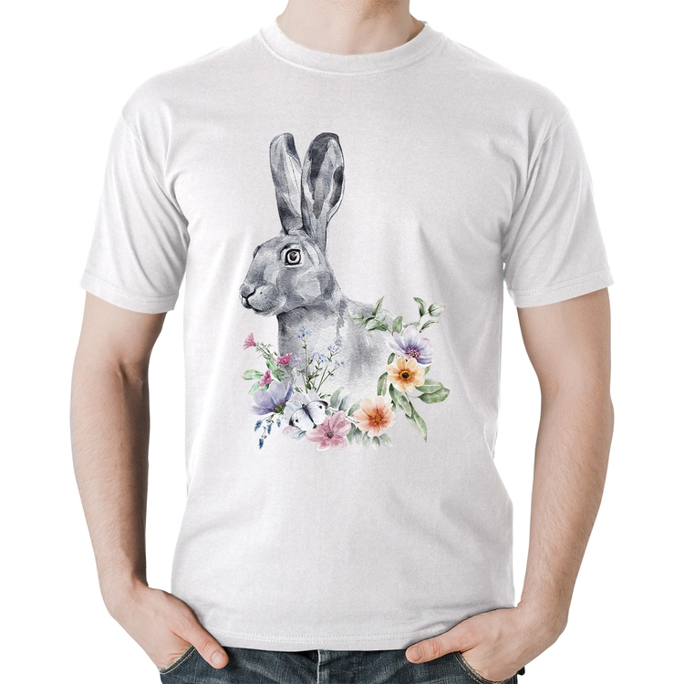 Camiseta Algodão Coelho Flores - Branca