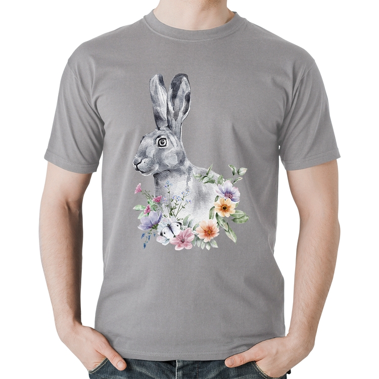 Camiseta Algodão Coelho Flores - Cinza