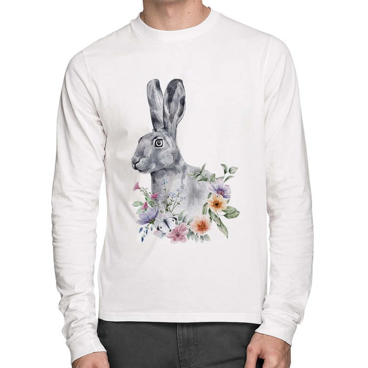 Camiseta Algodão Coelho Flores Manga Longa - Branca