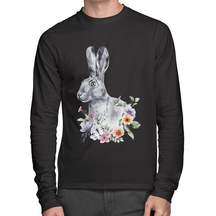 Camiseta Algodão Coelho Flores Manga Longa