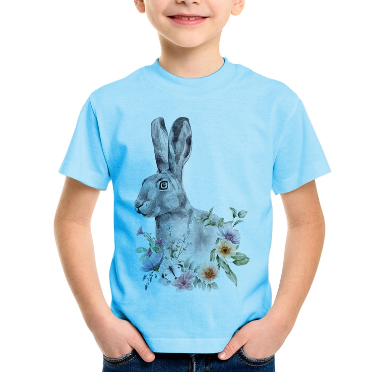 Camiseta Infantil Coelho Flores - Azul Bebê