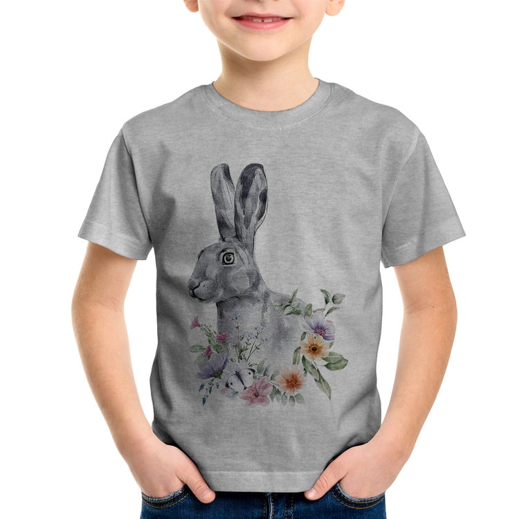 Camiseta Infantil Coelho Flores - Cinza