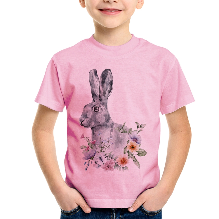 Camiseta Infantil Coelho Flores - Rosa Bebê