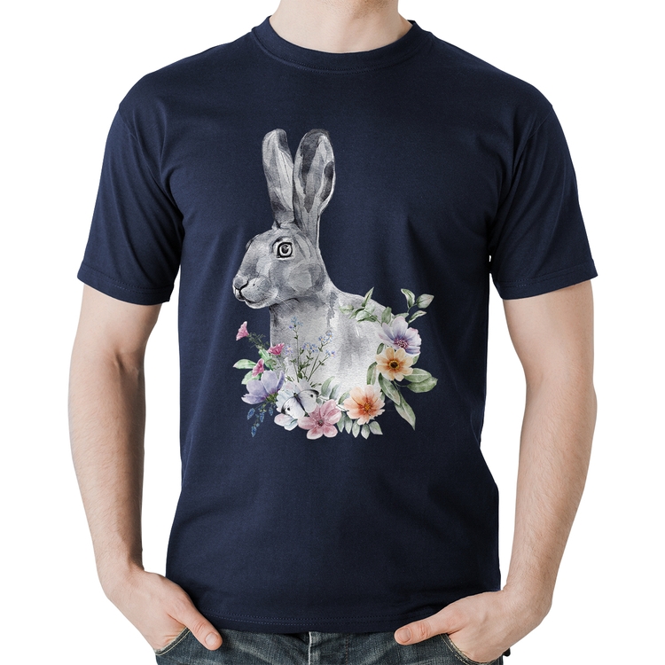 Camiseta Algodão Coelho Flores - Marinho