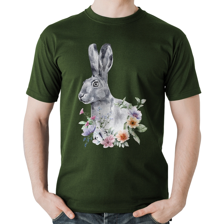 Camiseta Algodão Coelho Flores - Musgo