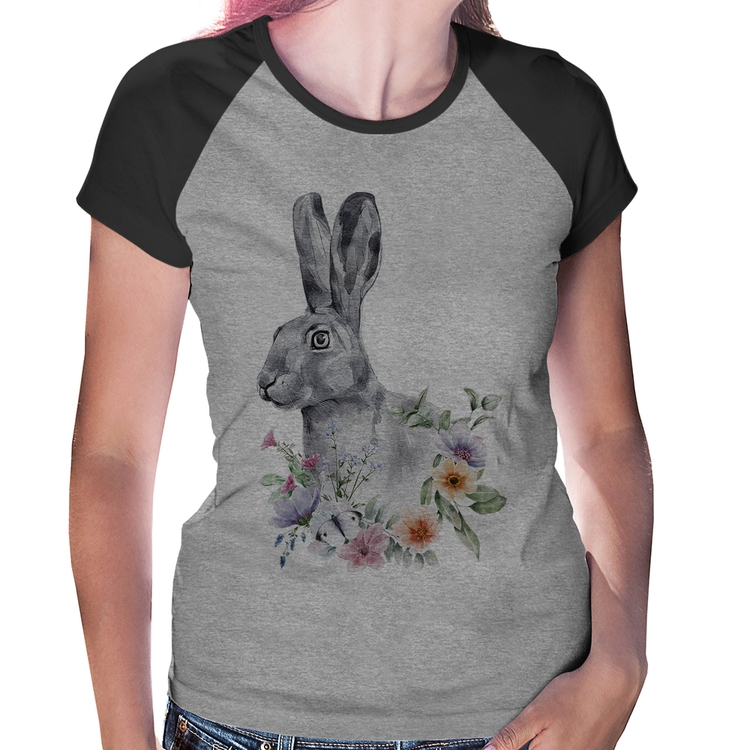 Baby Look Raglan Coelho Flores - Cinza/Preto