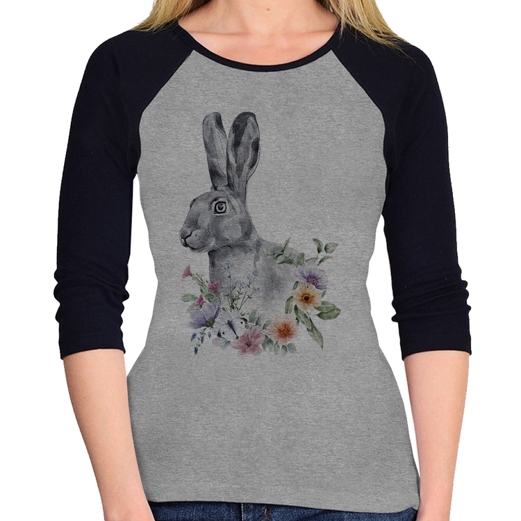 Baby Look Raglan Coelho Flores Manga 3/4 - Cinza/Preto