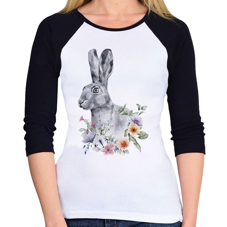 Baby Look Raglan Coelho Flores Manga 3/4