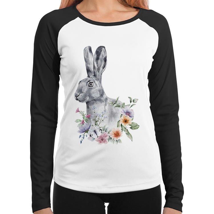Baby Look Raglan Coelho Flores Manga Longa