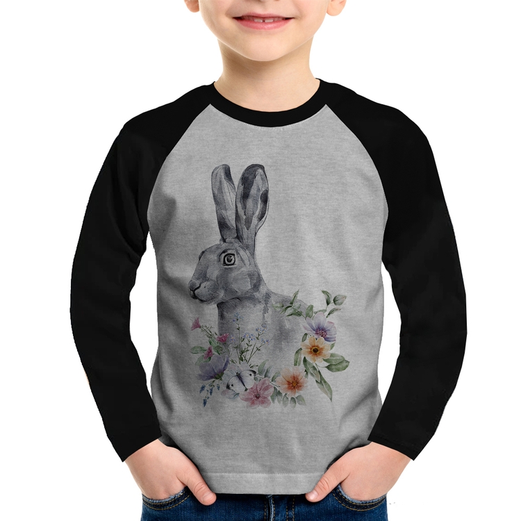 Camiseta Raglan Infantil Coelho Flores Manga Longa - Cinza/Preto