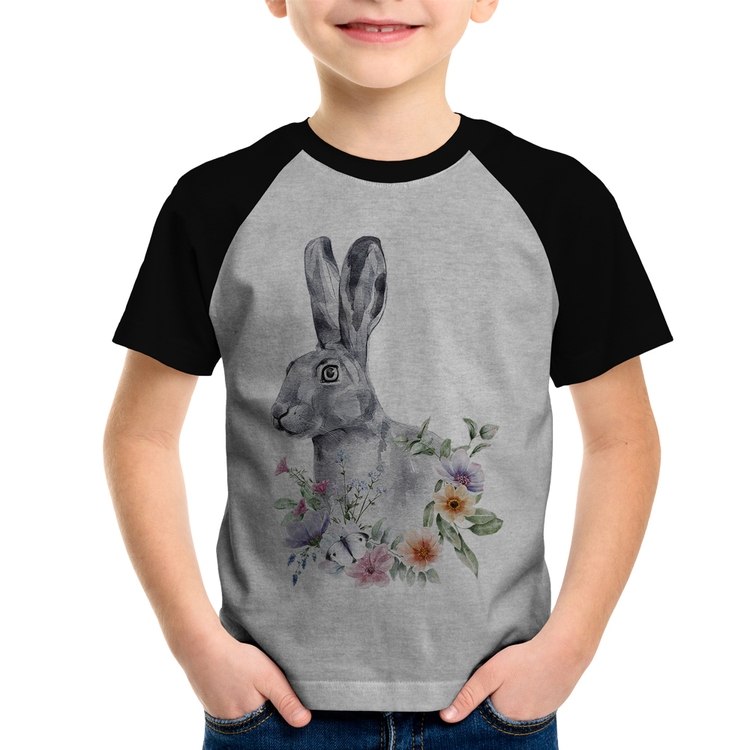 Camiseta Raglan Infantil Coelho Flores - Cinza/Preto