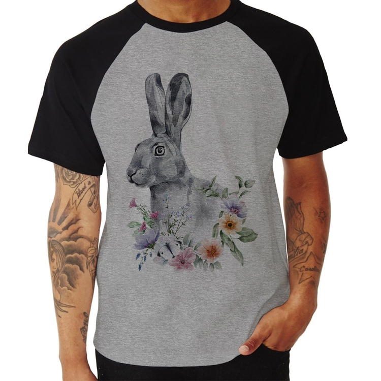 Camiseta Raglan Coelho Flores - Cinza/Preto