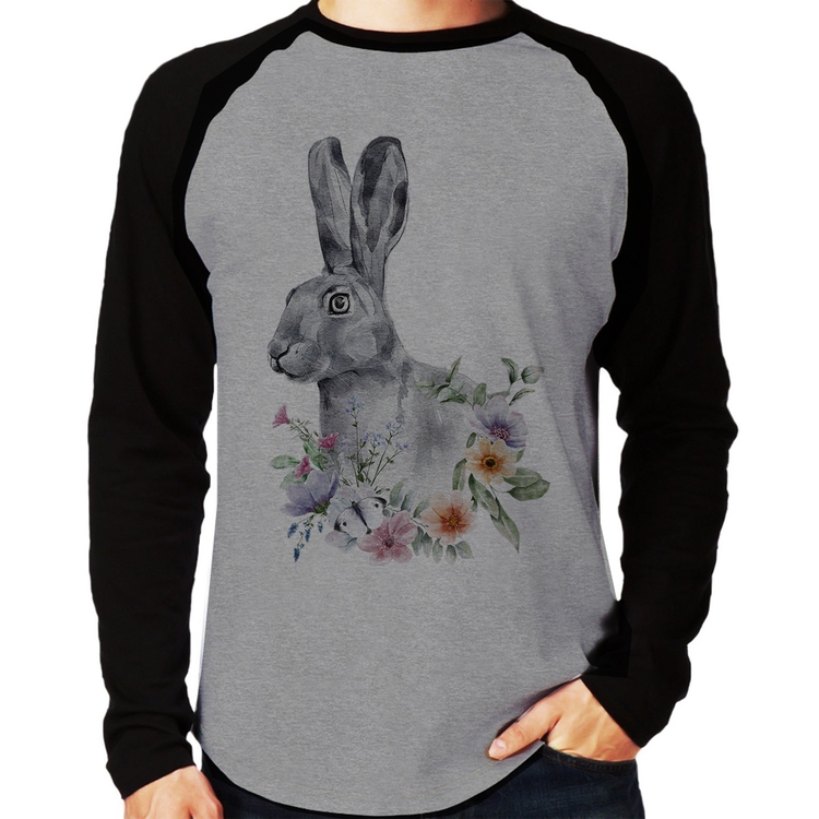 Camiseta Raglan Coelho Flores Manga Longa - Cinza/Preto