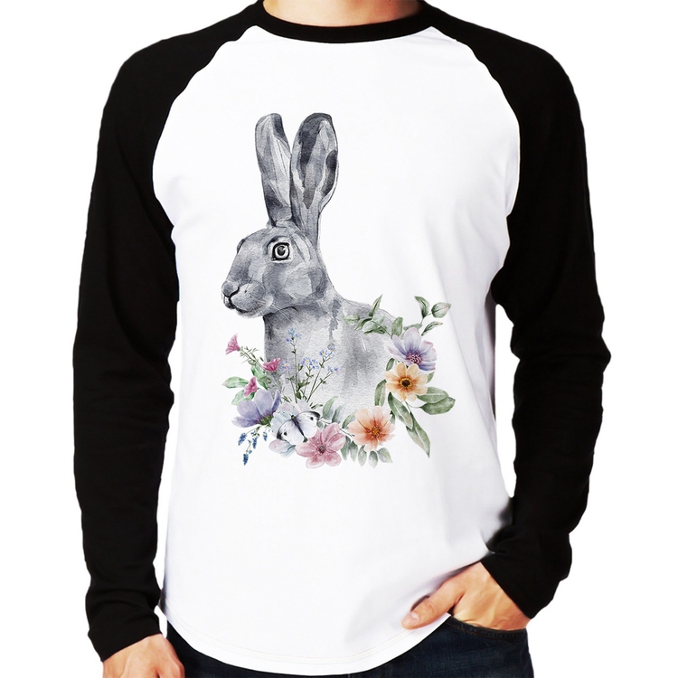 Camiseta Raglan Coelho Flores Manga Longa