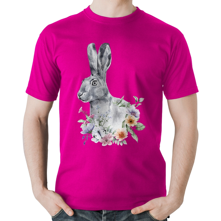 Camiseta Algodão Coelho Flores - Rosa