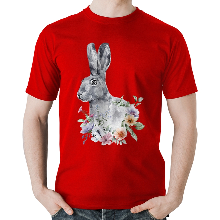 Camiseta Algodão Coelho Flores - Vermelha