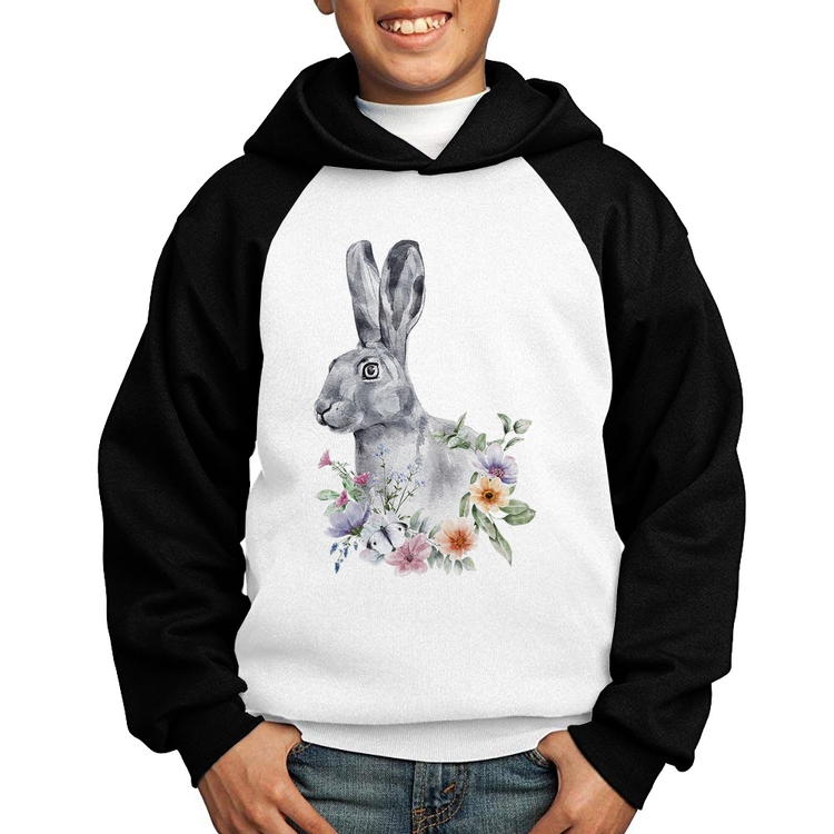 Moletom Infantil Coelho Flores - Branco/Preto