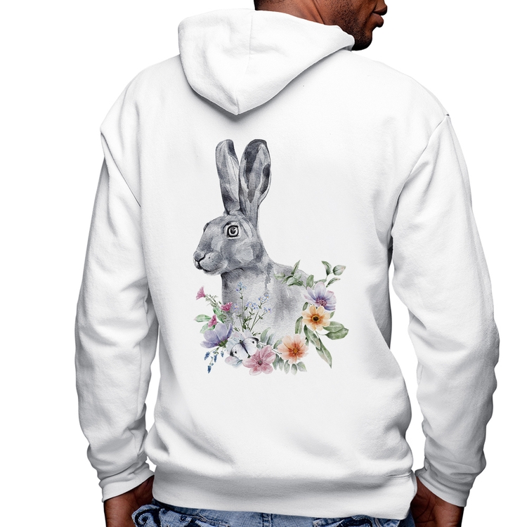 Blusa Moletom Coelho Flores Masculina com Capuz e Zíper - Branca