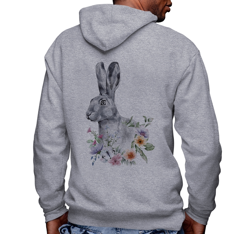 Blusa Moletom Coelho Flores Masculina com Capuz e Zíper - Mescla