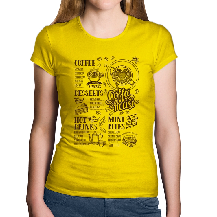 Baby Look Algodão Coffee House Vintage - Amarela