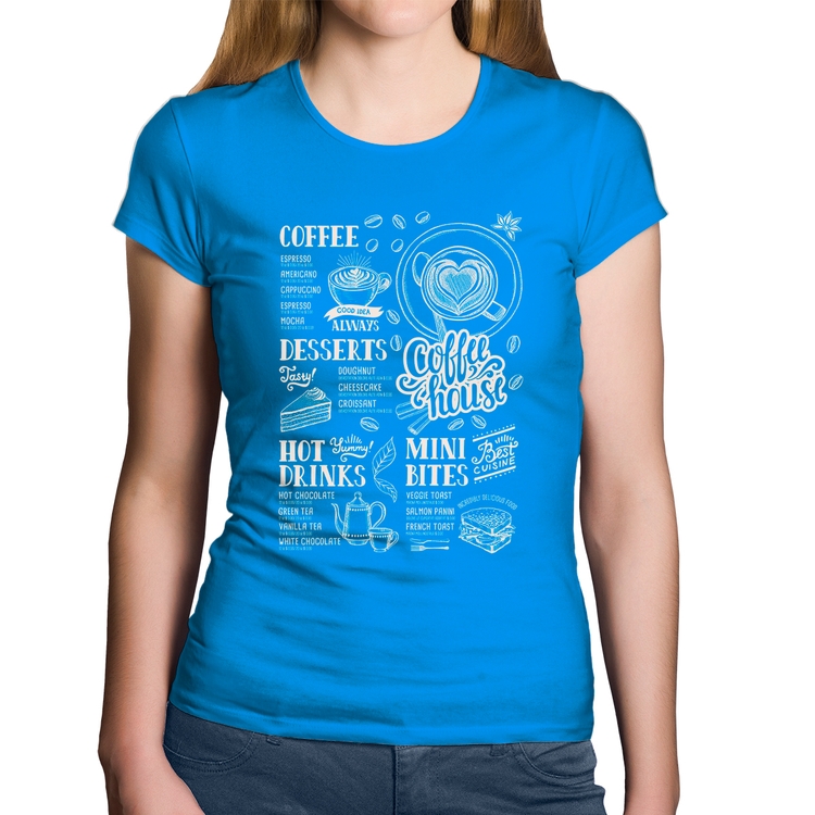 Baby Look Algodão Coffee House Vintage - Azul