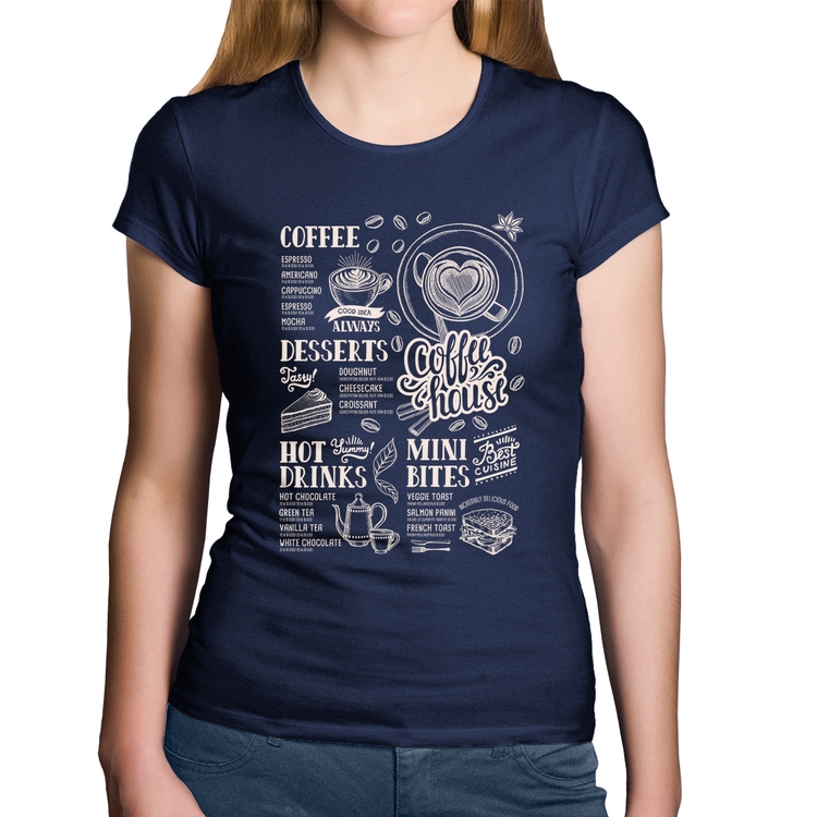 Baby Look Algodão Coffee House Vintage - Marinho