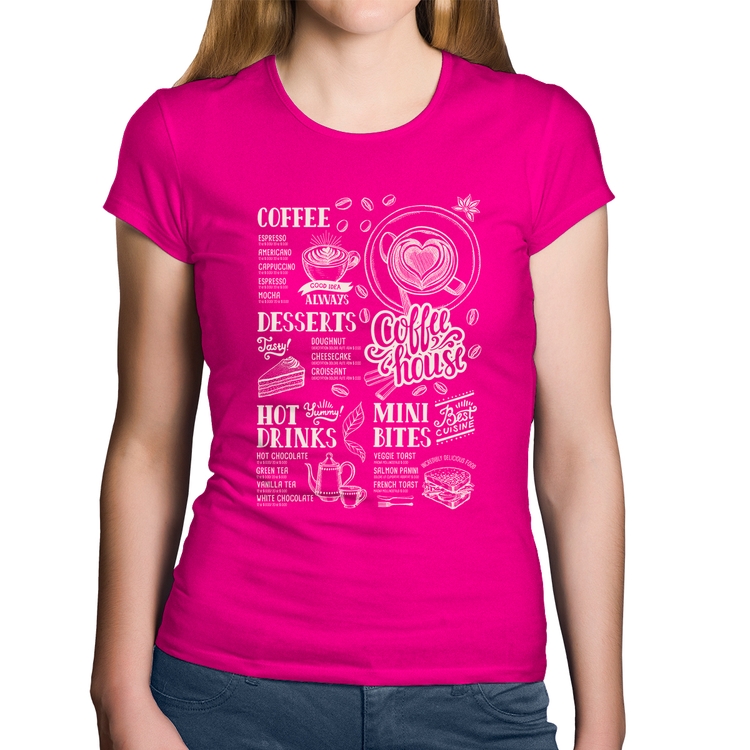 Baby Look Algodão Coffee House Vintage - Rosa