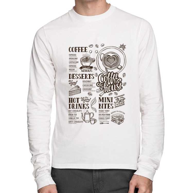 Camiseta Algodão Coffee House Vintage Manga Longa - Branca