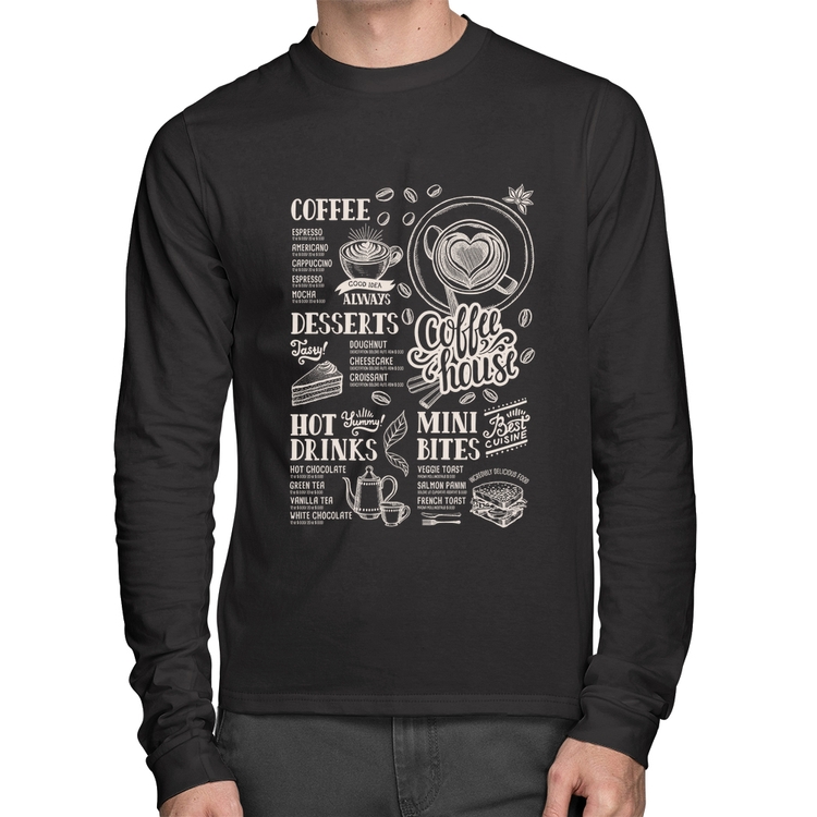 Camiseta Algodão Coffee House Vintage Manga Longa
