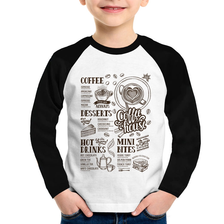 Camiseta Raglan Infantil Coffee House Vintage Manga Longa