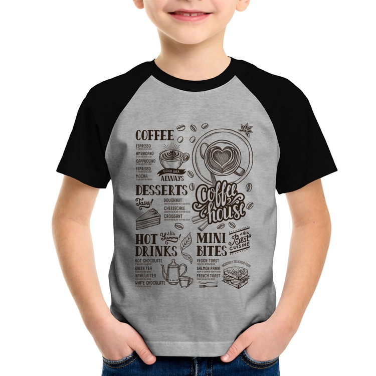 Camiseta Raglan Infantil Coffee House Vintage - Cinza/Preto