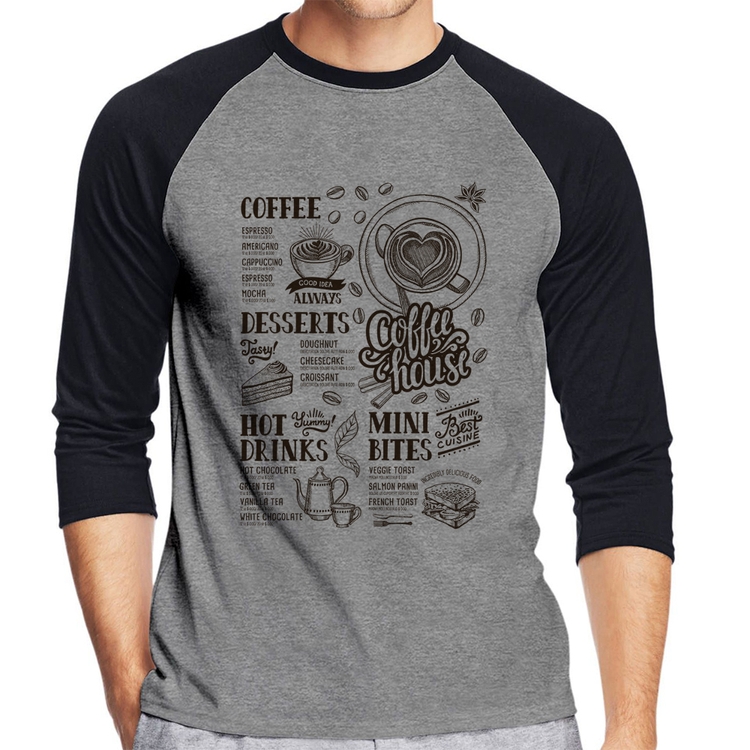 Camiseta Raglan Coffee House Vintage Manga 3/4 - Cinza/Preto