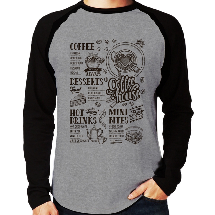 Camiseta Raglan Coffee House Vintage Manga Longa - Cinza/Preto