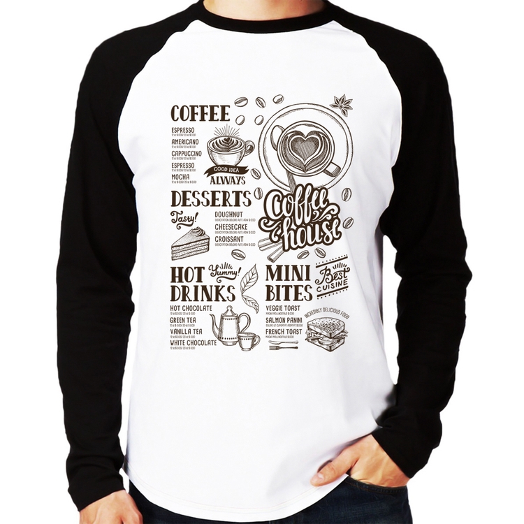Camiseta Raglan Coffee House Vintage Manga Longa