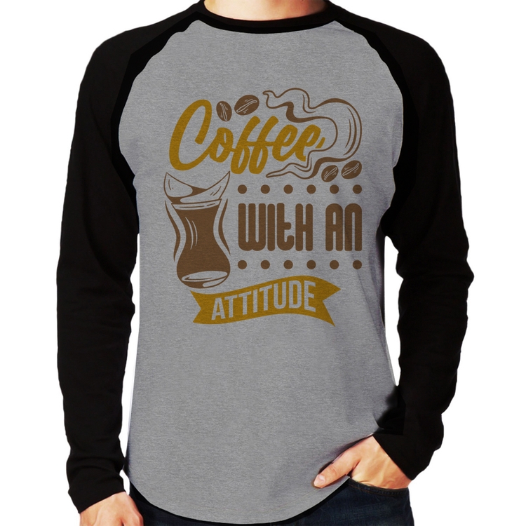 Camiseta Raglan Coffee With An Attitude Manga Longa - Cinza/Preto