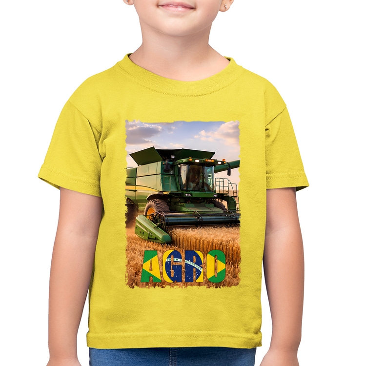 Camiseta Algodão Infantil Colheitadeira Agro Brasil Rural - Amarelo Canário