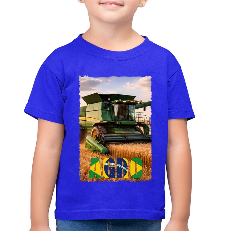 Camiseta Algodão Infantil Colheitadeira Agro Brasil Rural - Azul Royal