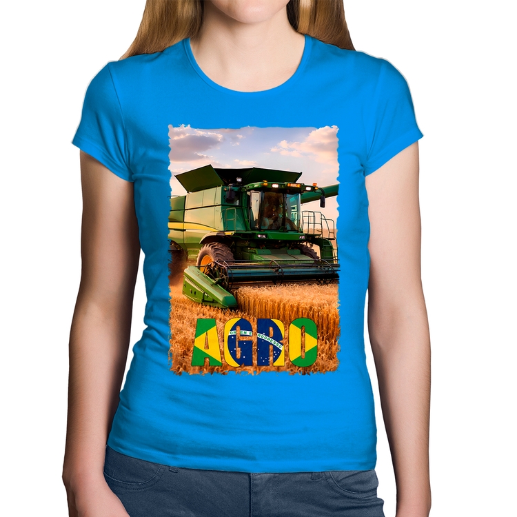 Baby Look Algodão Colheitadeira Agro Brasil Rural - Azul