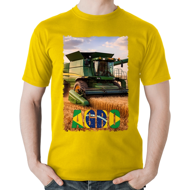 Camiseta Algodão Colheitadeira Agro Brasil Rural - Amarela