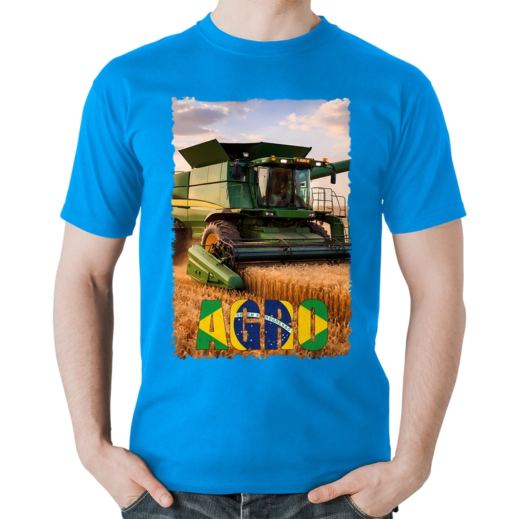 Camiseta Algodão Colheitadeira Agro Brasil Rural - Azul
