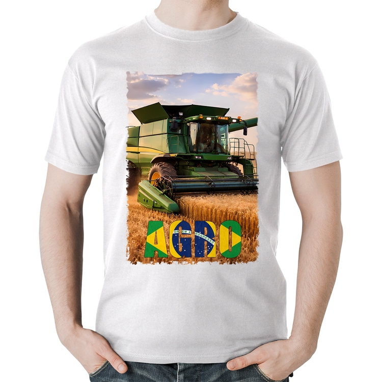 Camiseta Algodão Colheitadeira Agro Brasil Rural - Branca