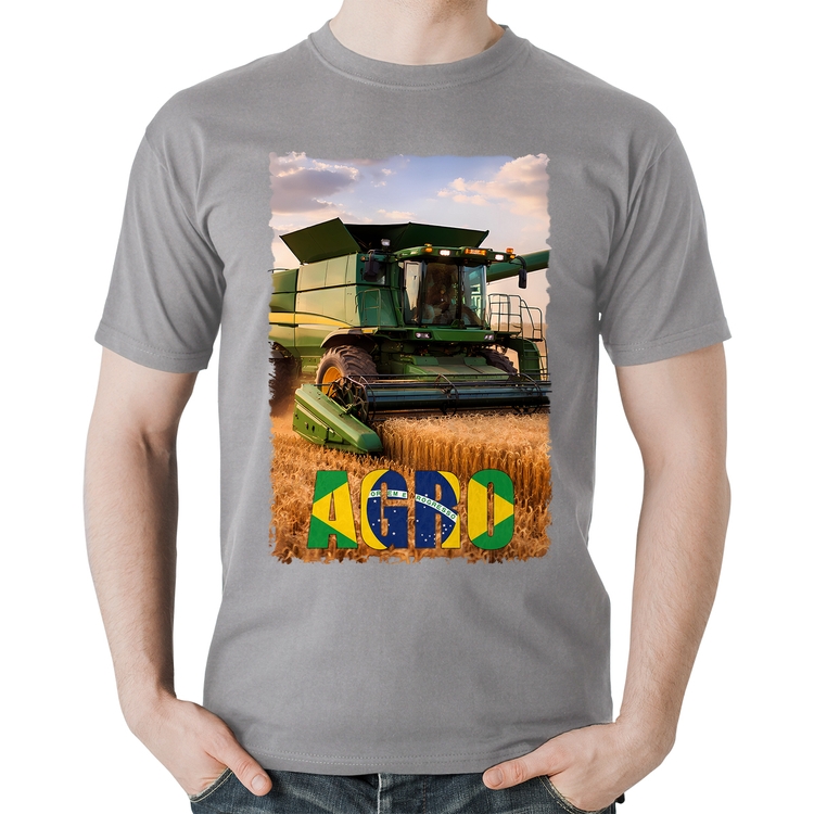 Camiseta Algodão Colheitadeira Agro Brasil Rural - Cinza